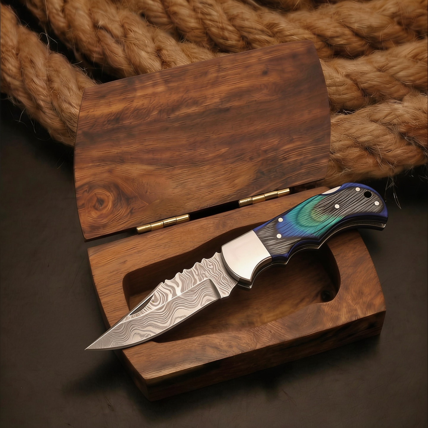 Damascus Pocket Knife with premium Wood Case