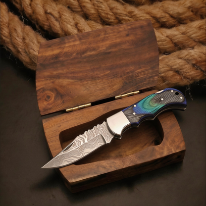 Damascus Pocket Knife with premium Wood Case