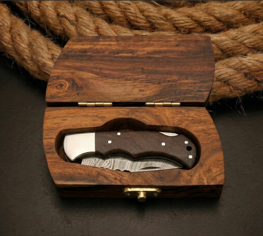 Damascus Pocket Knife with premium Wood Case