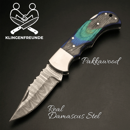 Damascus Pocket Knife with premium Wood Case