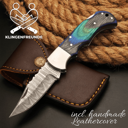 Damascus Pocket Knife with premium Wood Case