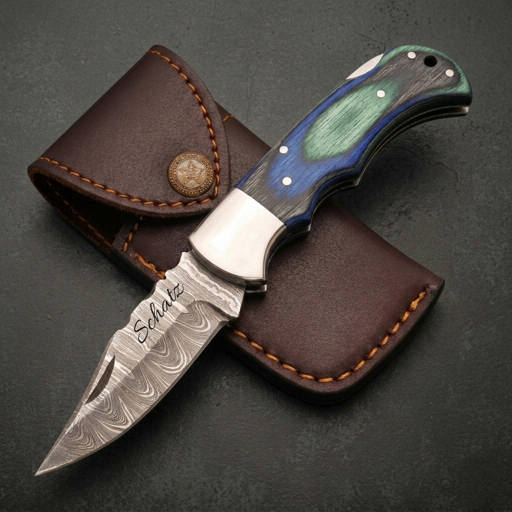 Damascus Pocket Knife with premium Wood Case