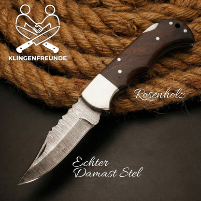 Damascus Pocket Knife with premium Wood Case