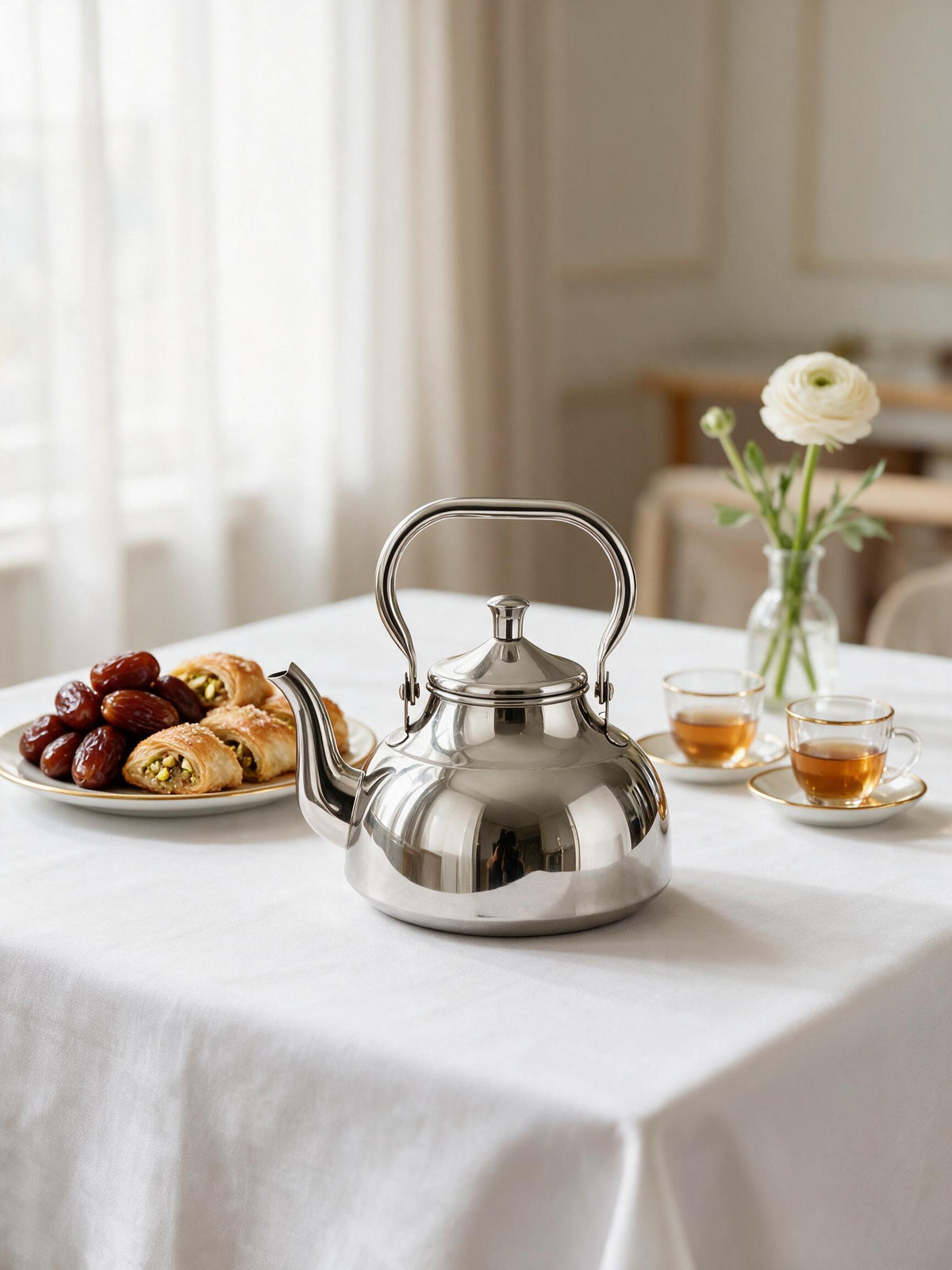 Hong Kong polished stainless steel teapot with tea cups on a breakfast table.