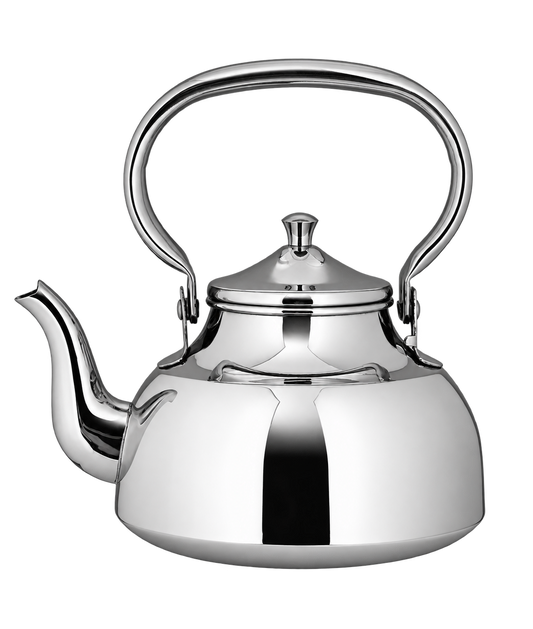 Hong Kong polished stainless steel teapot with curved spout and tall loop handle, isolated.