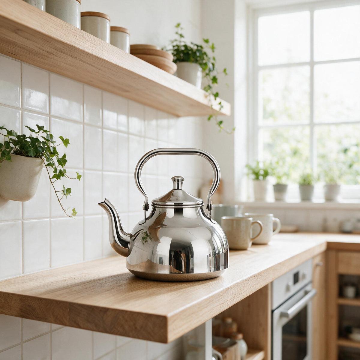 Hong Kong stainless steel teapot on a wooden counter in a bright kitchen.